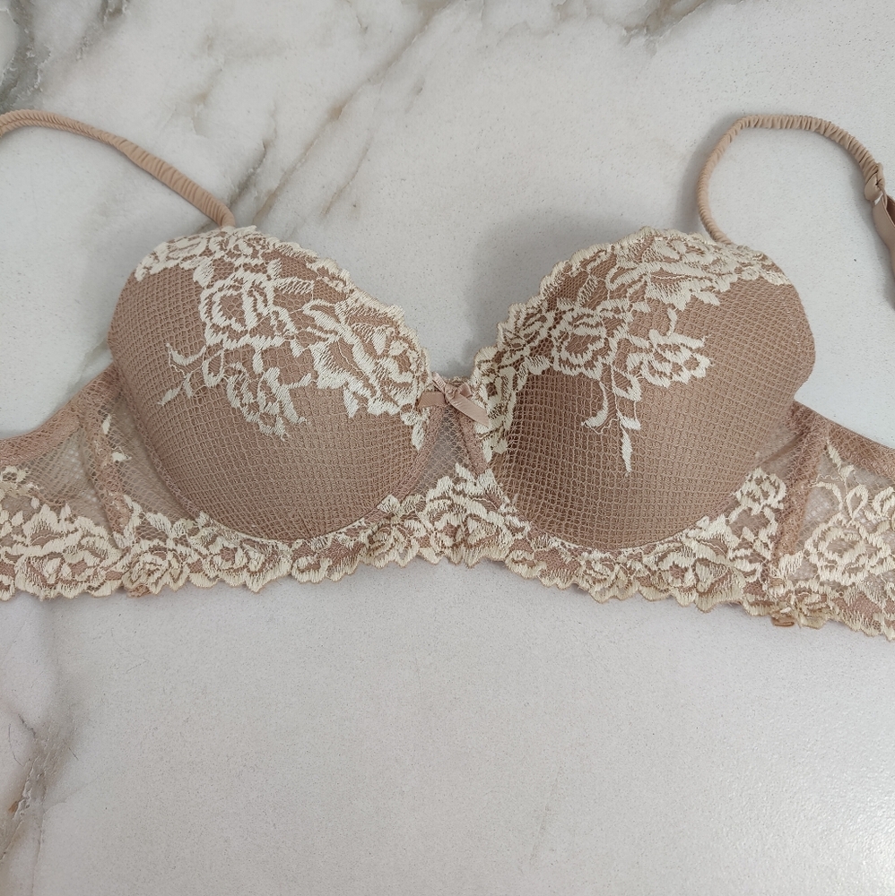 Youmita Tan Cream Floral Lace Lightly Lined Longline Demi Bra, Sz  34C